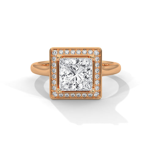 Princess cut elevated square halo engagement ring in rose gold, three-quarter view showing square halo and Art Deco platform