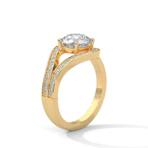 Round brilliant bypass split halo engagement ring in yellow gold, side profile view highlighting low-profile crown and solid polished base