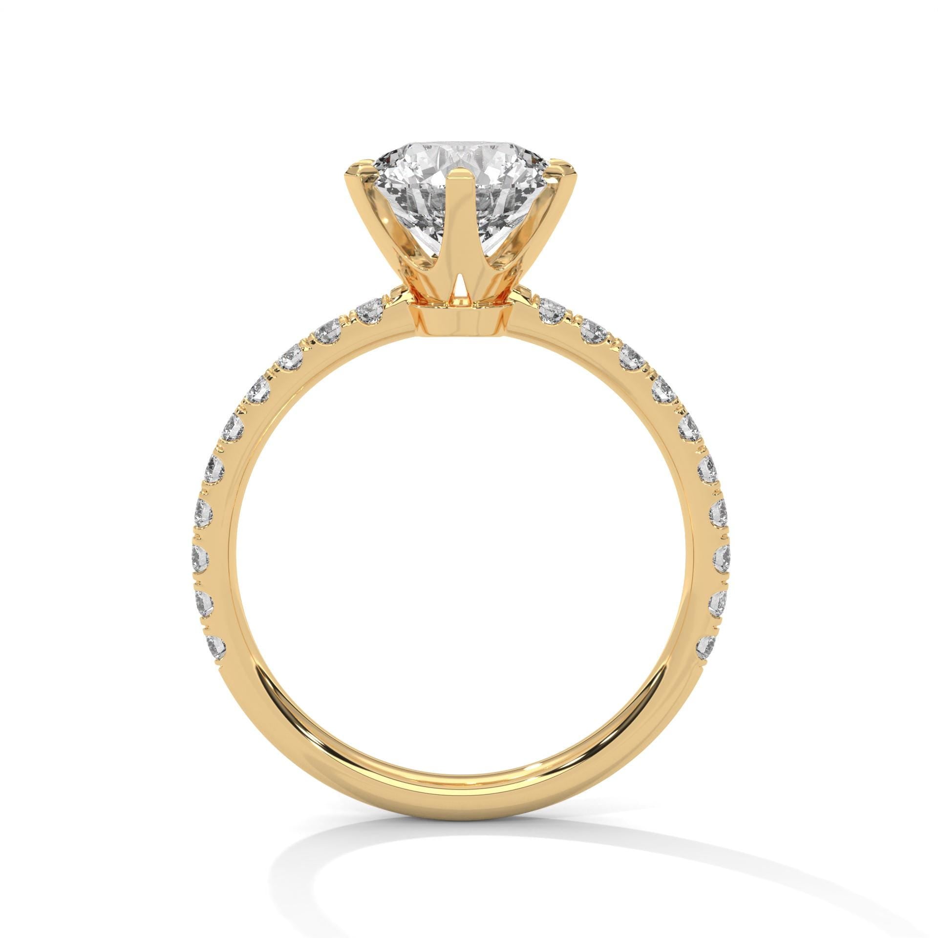 Yellow gold round 6-prong solitaire with hand-set micro-pavé diamonds