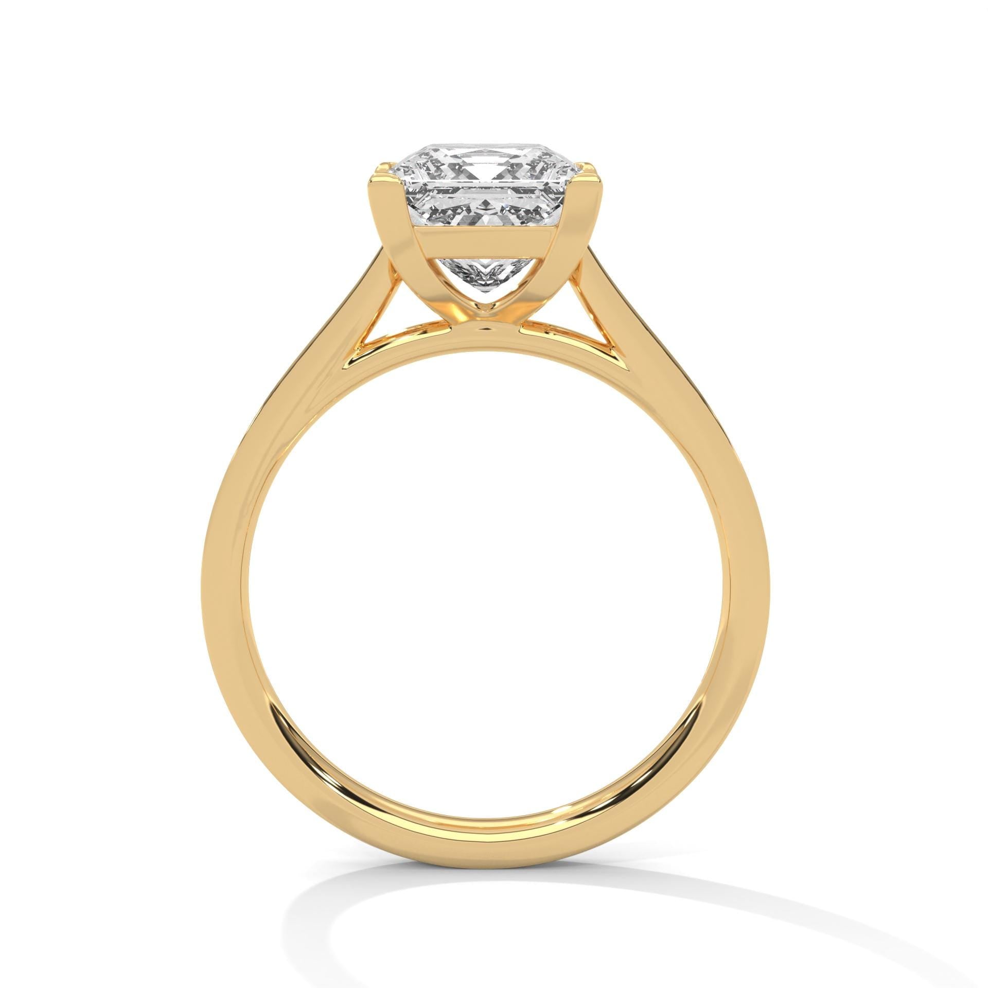 Side view of yellow gold princess ring showing architectural cathedral arches