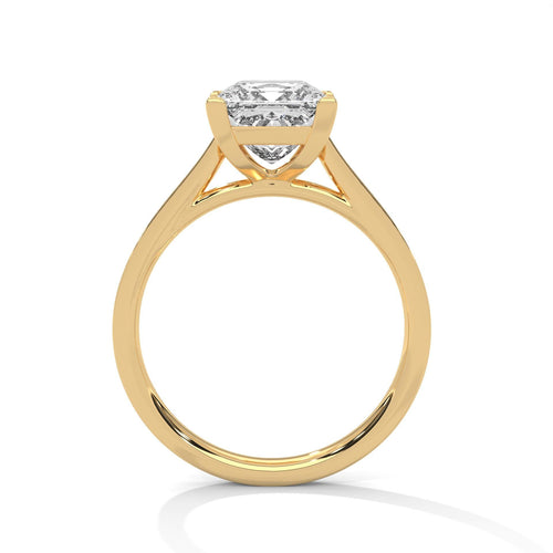 Side view of yellow gold princess ring showing architectural cathedral arches