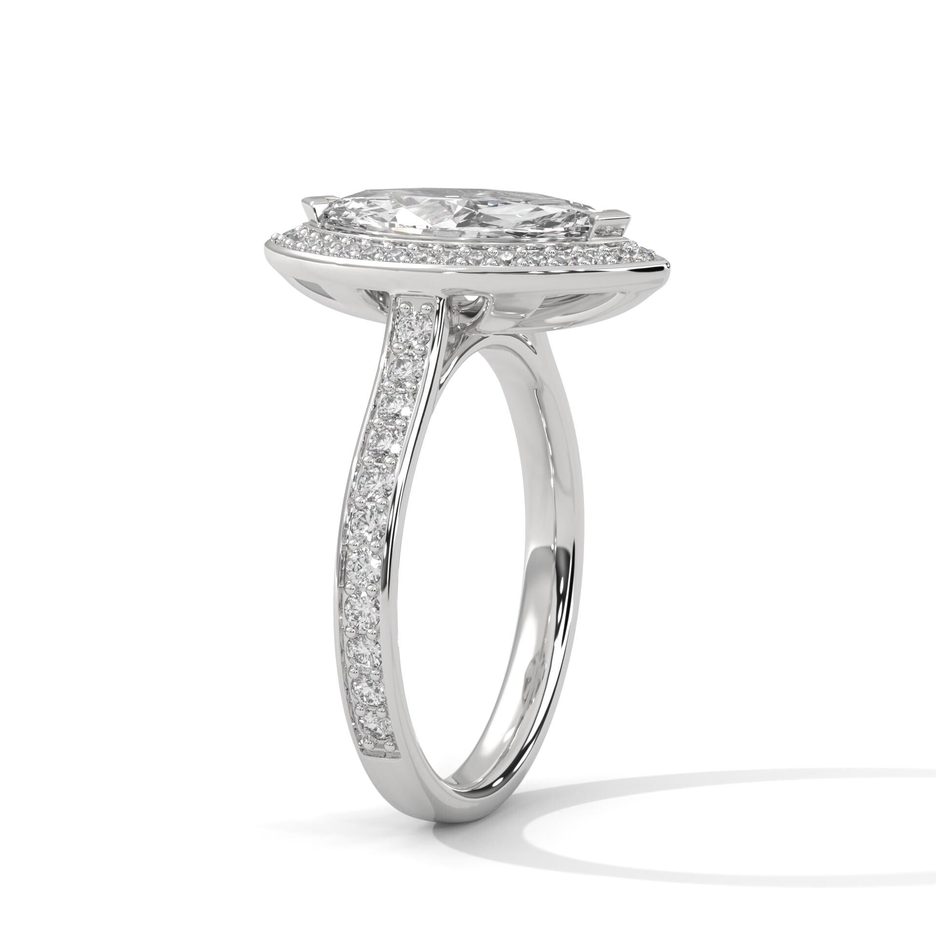 Architectural white gold halo setting for marquise lab created diamond