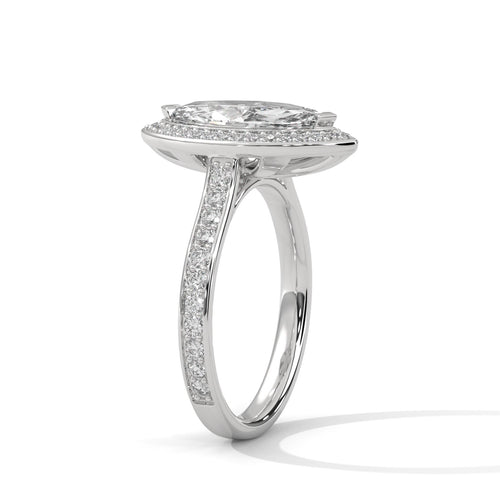 Architectural white gold halo setting for marquise lab created diamond