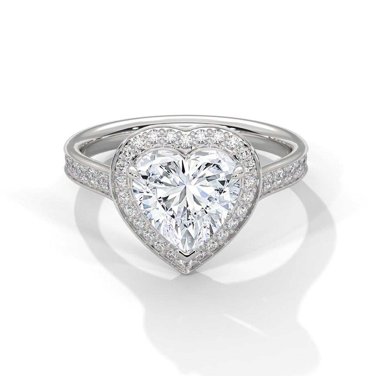 Colorless heart cut lab diamond halo cathedral ring in white gold