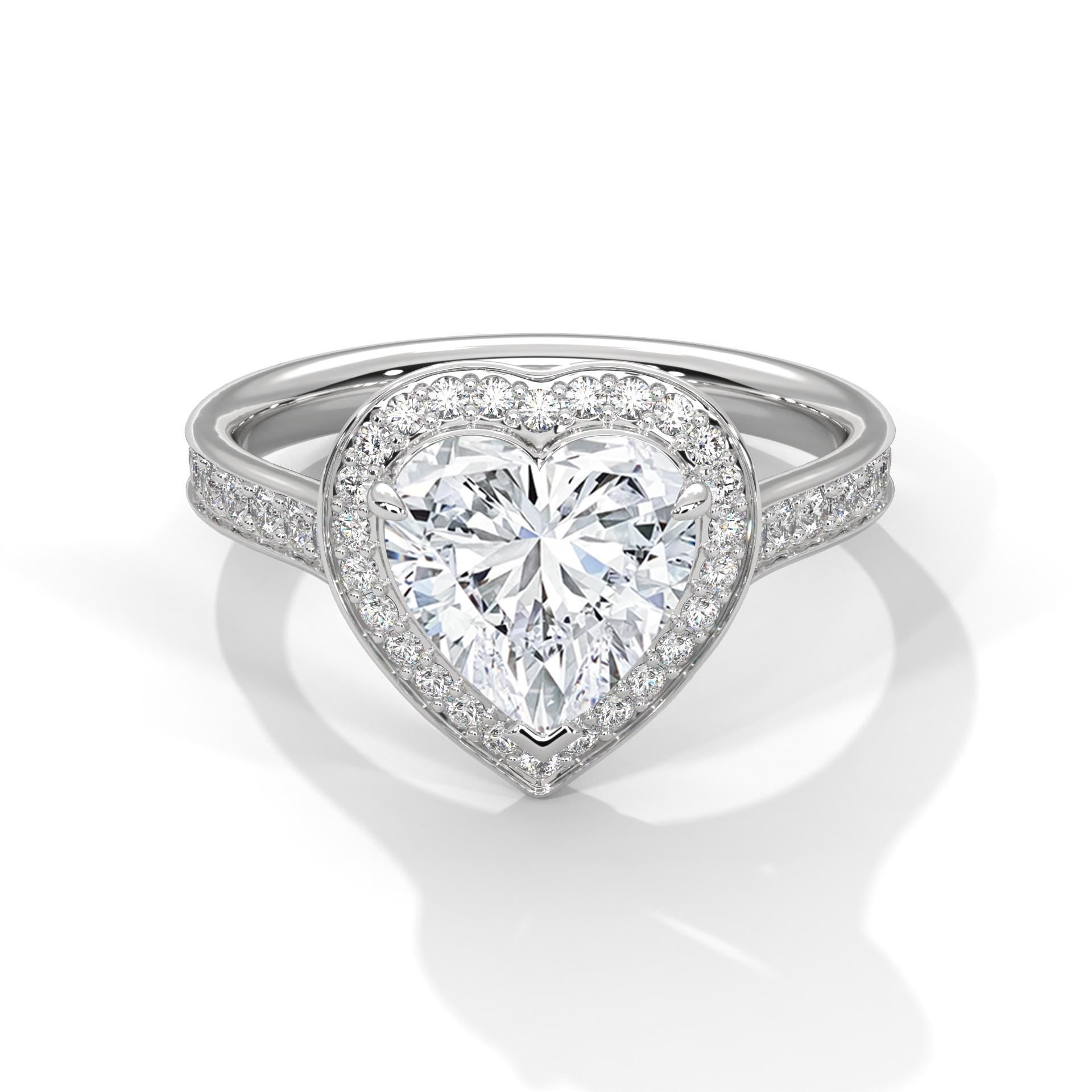 Colorless heart cut lab diamond halo cathedral ring in white gold