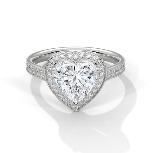Colorless heart cut lab diamond halo cathedral ring in white gold