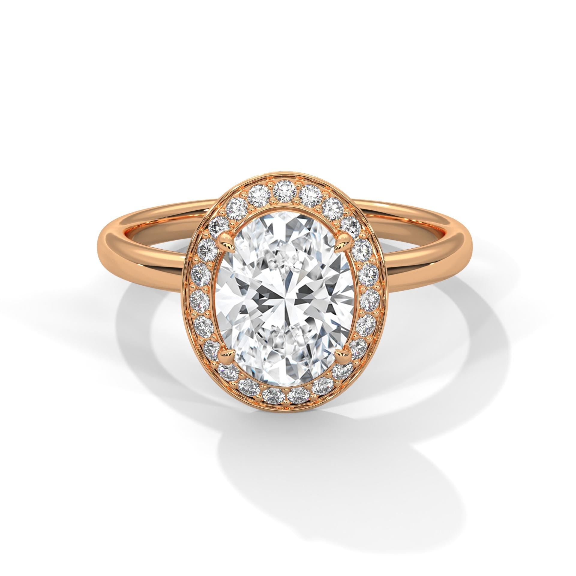 Colorless oval cut lab diamond halo ring in rose gold