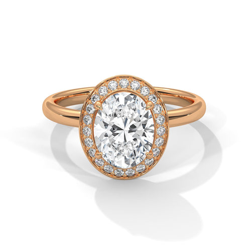 Colorless oval cut lab diamond halo ring in rose gold