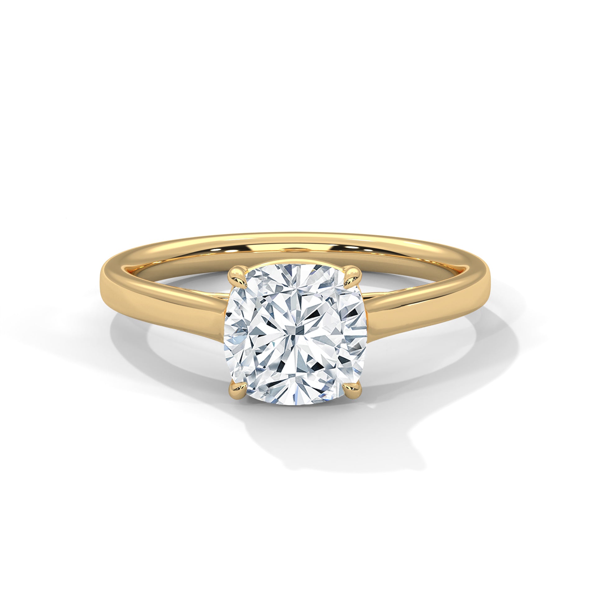 Square cushion cut lab-grown diamond knife-edge solitaire engagement ring in solid 14k yellow gold.