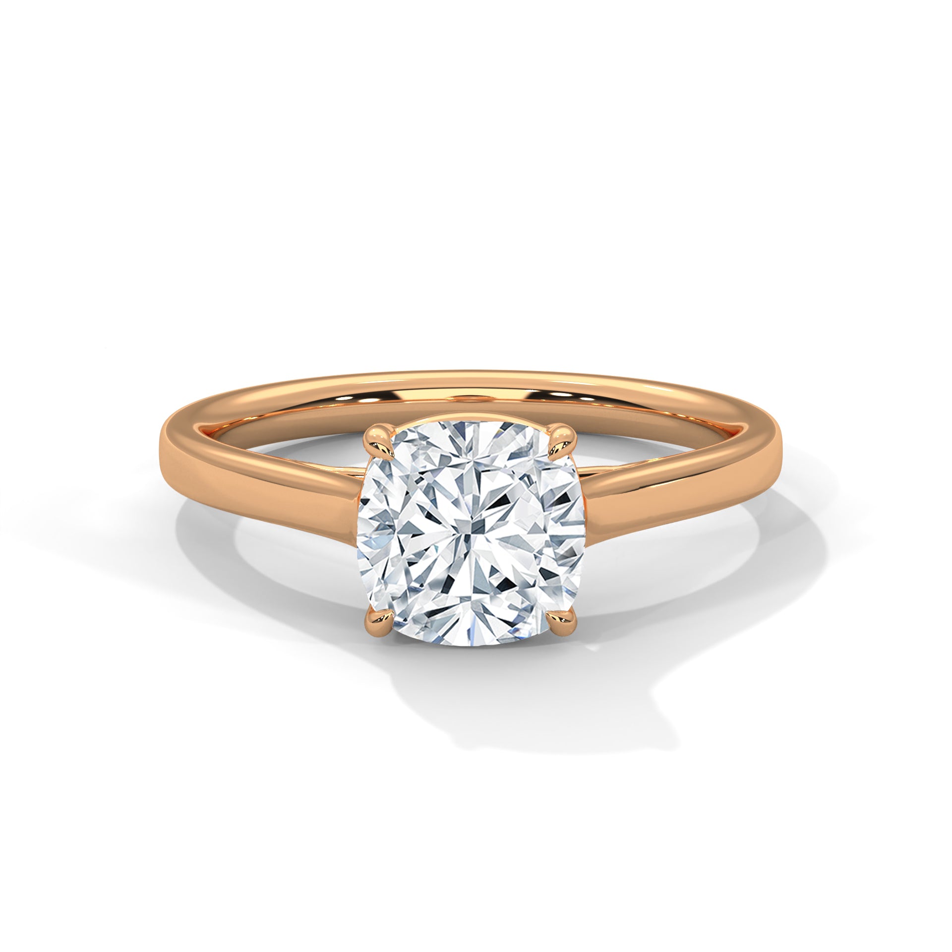 Square cushion cut lab-grown diamond knife-edge solitaire engagement ring in solid 18k rose gold.