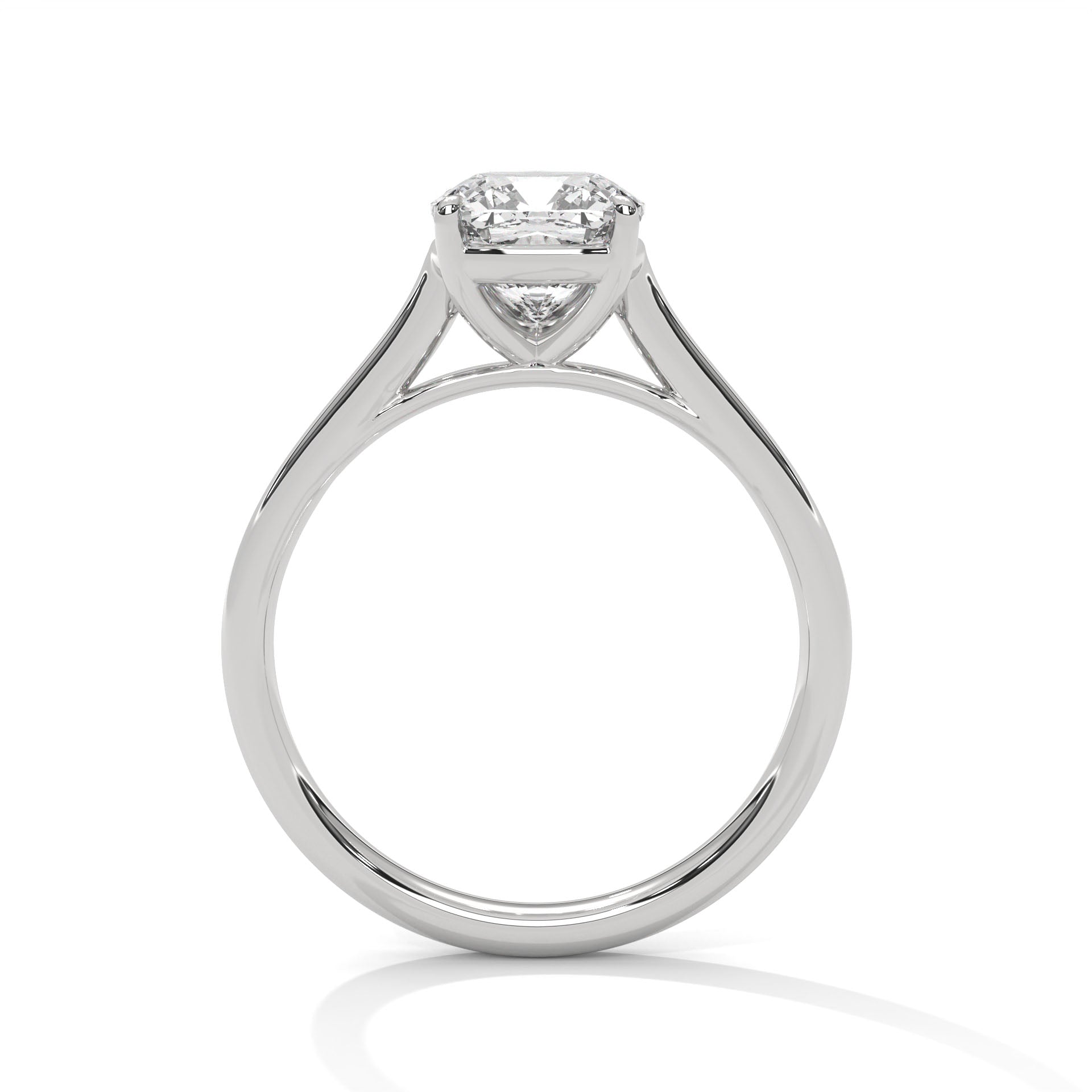 Side view of a four-prong open V-gallery wire basket rising from sleek white gold cathedral arches.