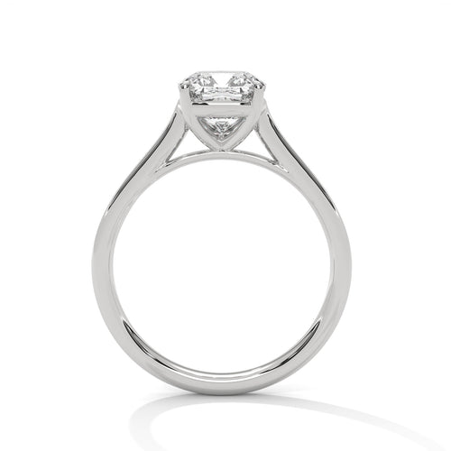 Side view of a four-prong open V-gallery wire basket rising from sleek white gold cathedral arches.