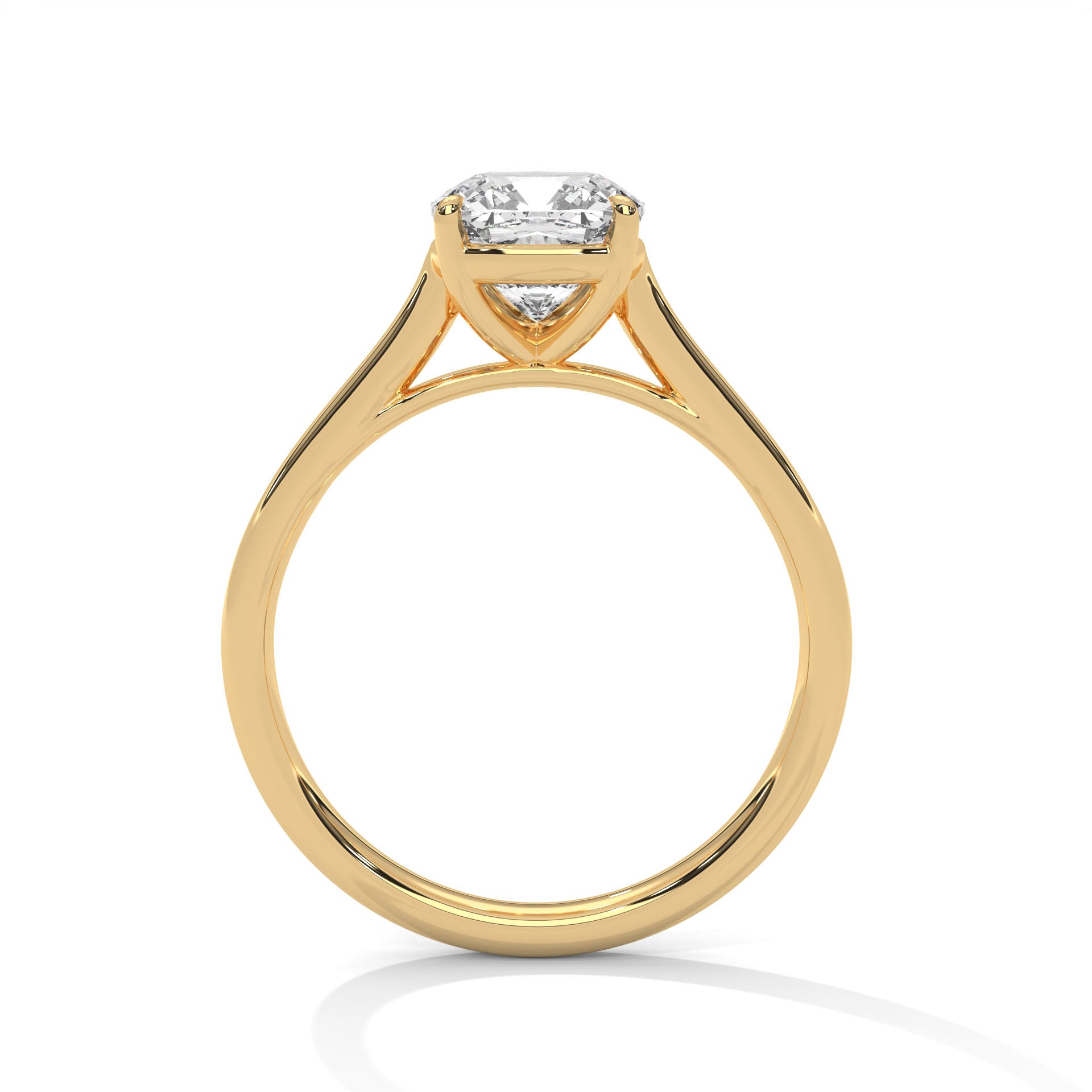 Side profile view of a minimalist open V-shaped gallery and high cathedral mount in polished yellow gold.