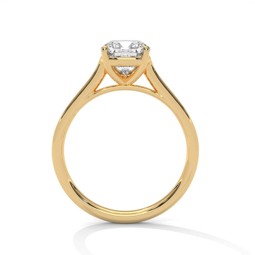Side profile view of a minimalist open V-shaped gallery and high cathedral mount in polished yellow gold.