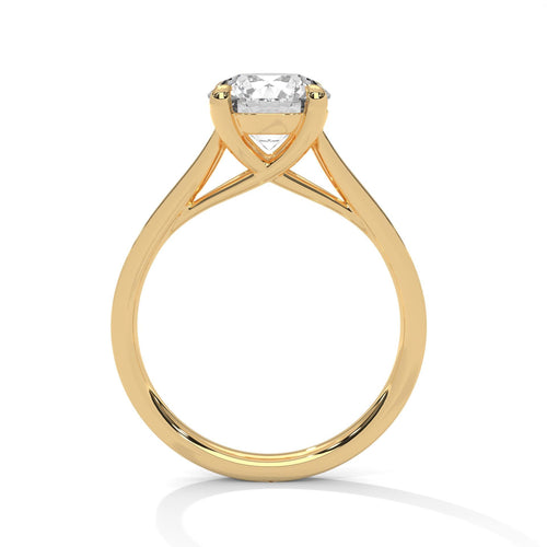 Side view of yellow gold round cathedral ring showing high-profile 4-prong setting