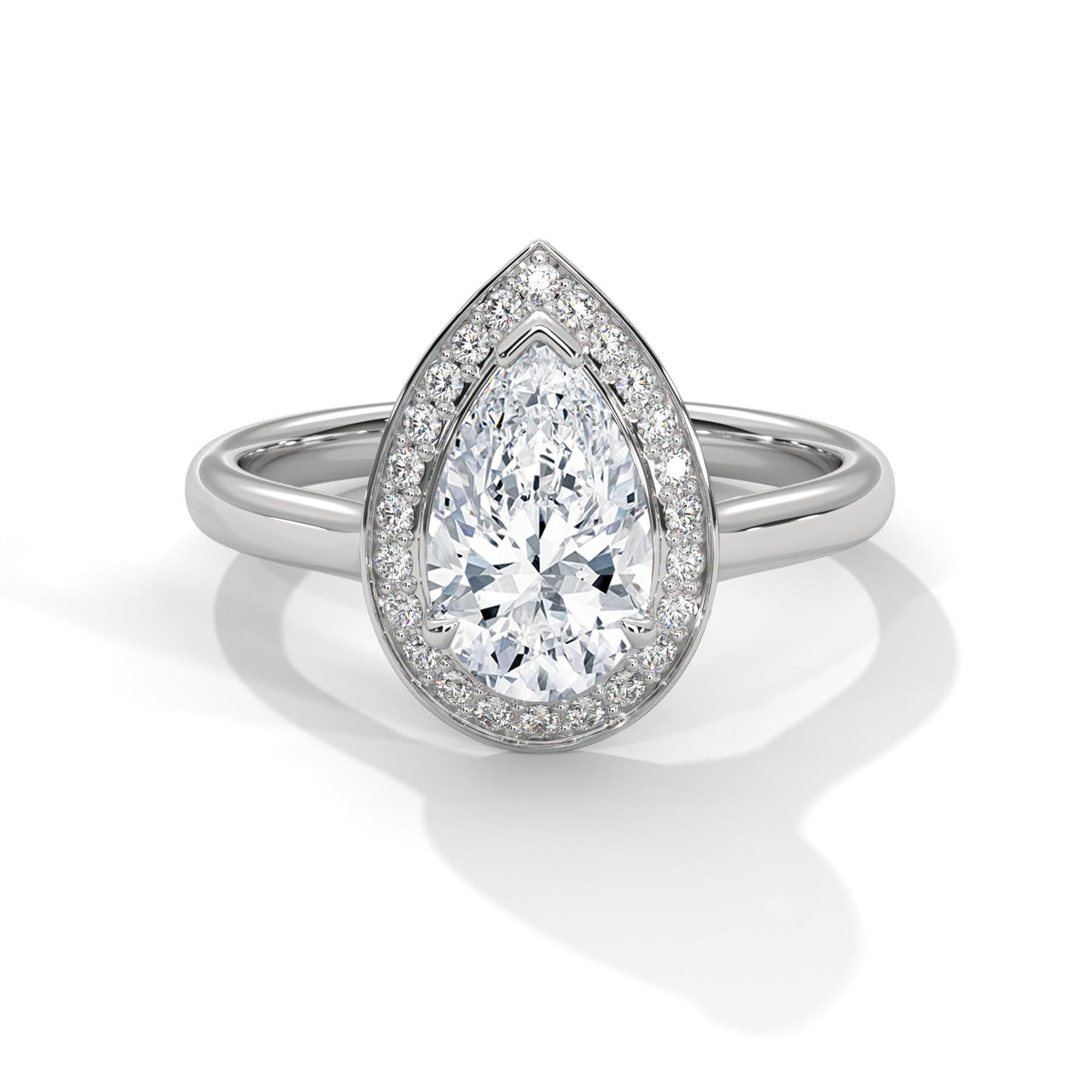 1 to 3 carat pear cut lab diamond halo cathedral ring in white gold