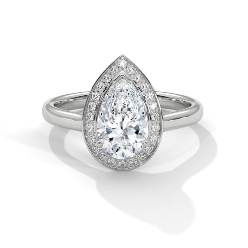 1 to 3 carat pear cut lab diamond halo cathedral ring in white gold