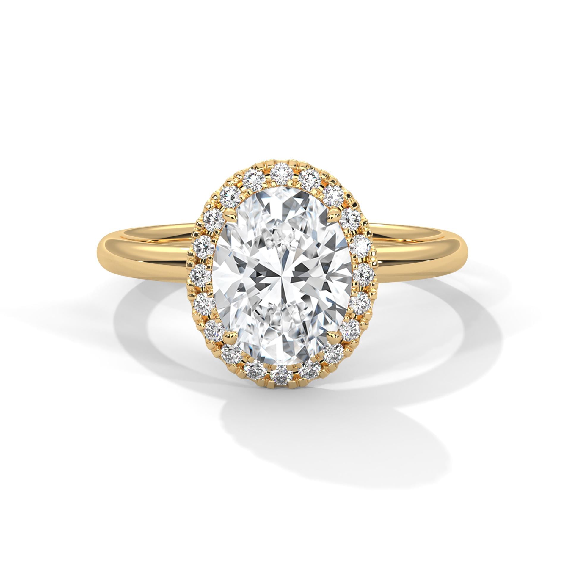 Oval brilliant lab grown diamond pave halo engagement ring in yellow gold