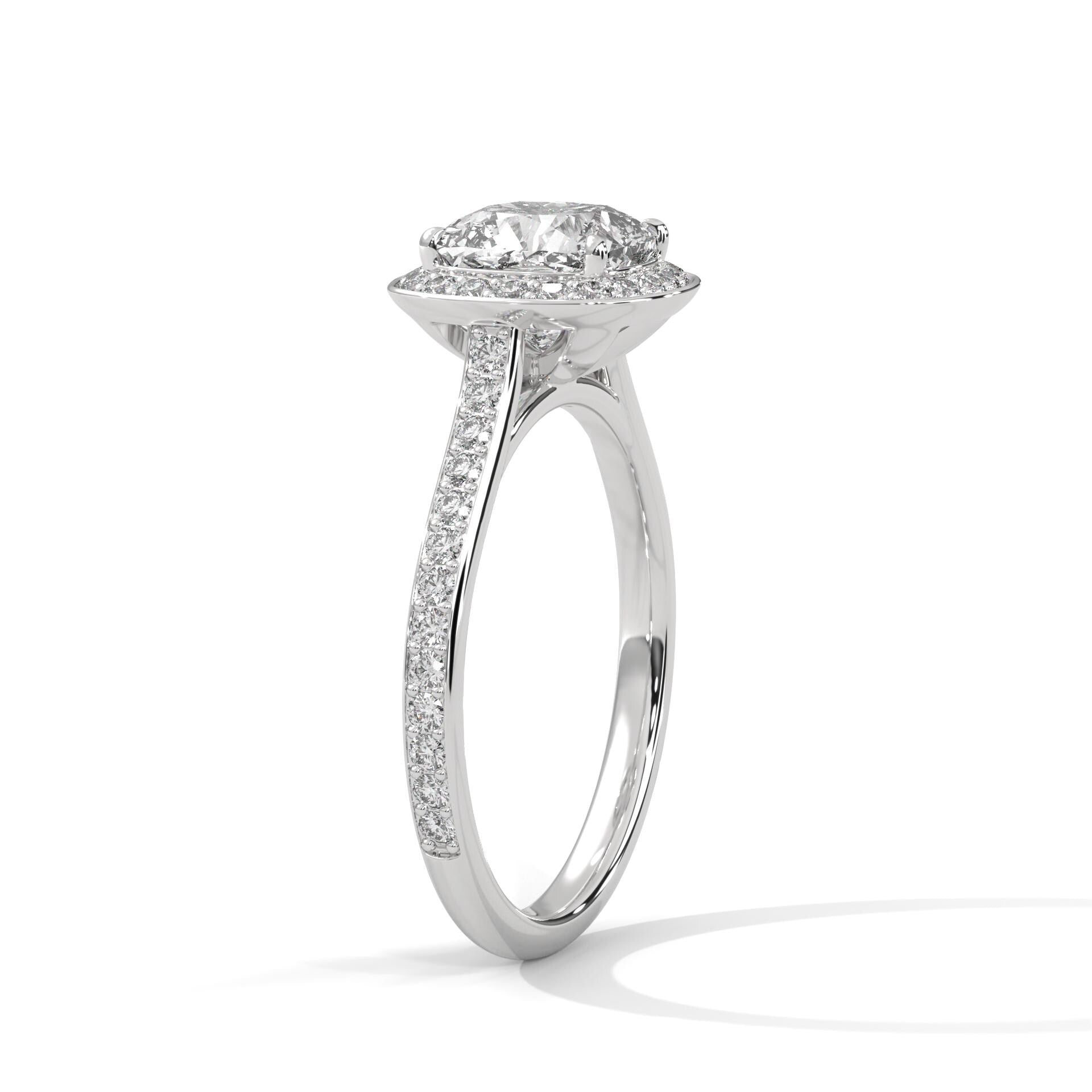Elevated white gold 4-prong mount for cushion cut lab diamond halo