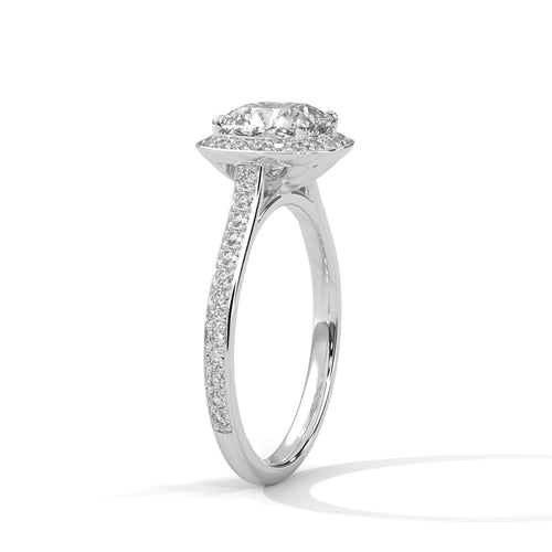 Elevated white gold 4-prong mount for cushion cut lab diamond halo