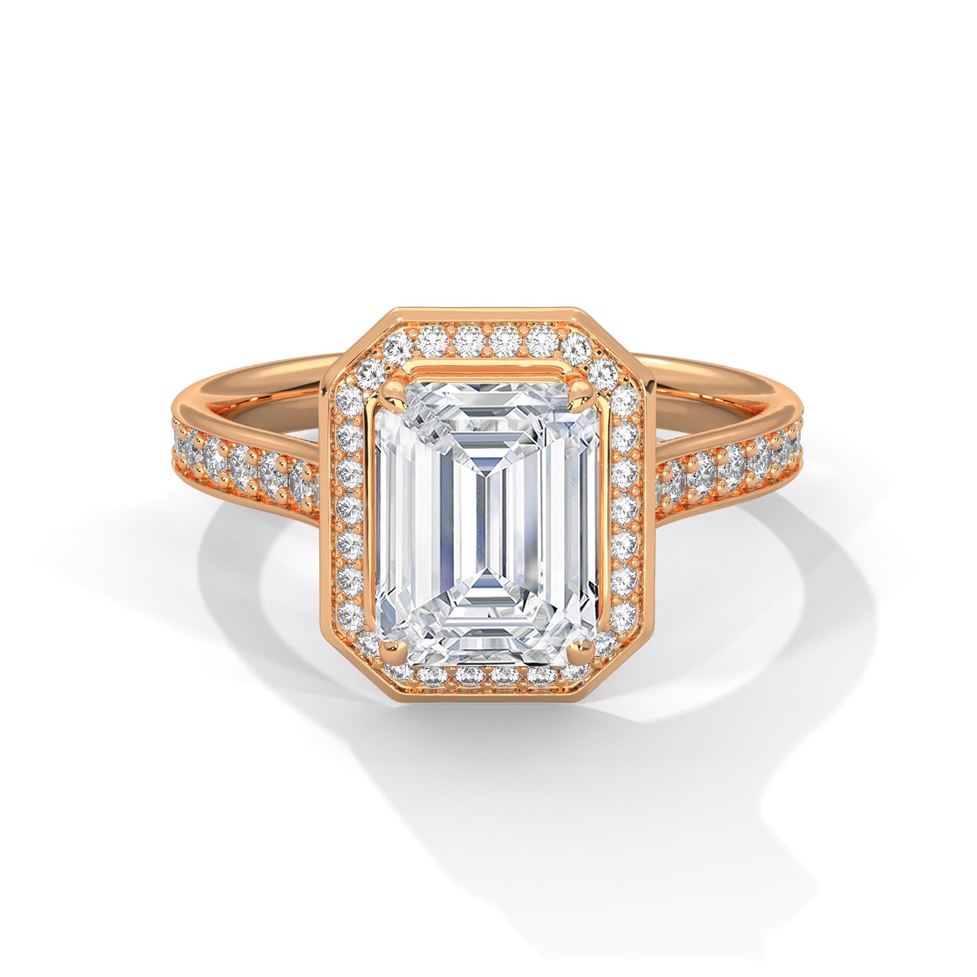 1 to 3 carat emerald cut lab diamond halo cathedral ring in rose gold