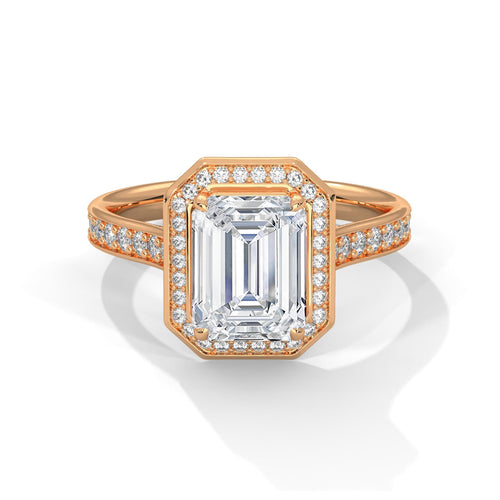 1 to 3 carat emerald cut lab diamond halo cathedral ring in rose gold