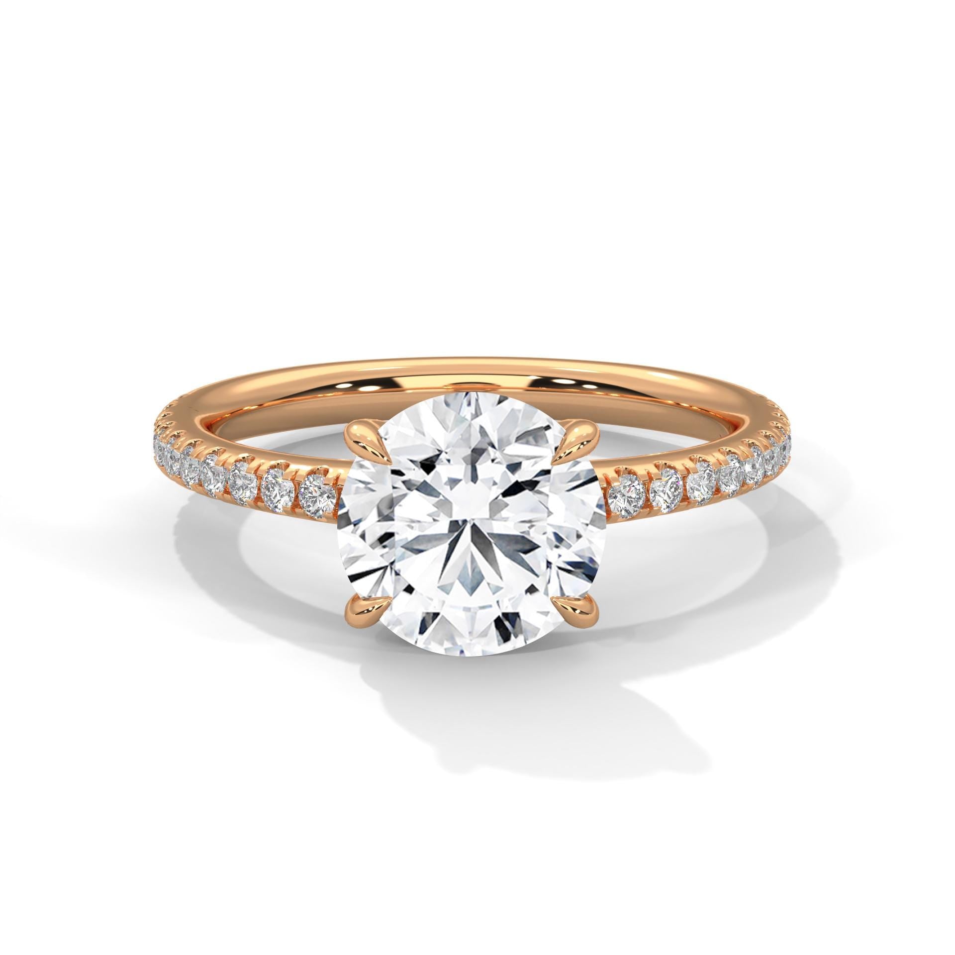 Colorless round cut lab diamond pave cathedral ring in rose gold