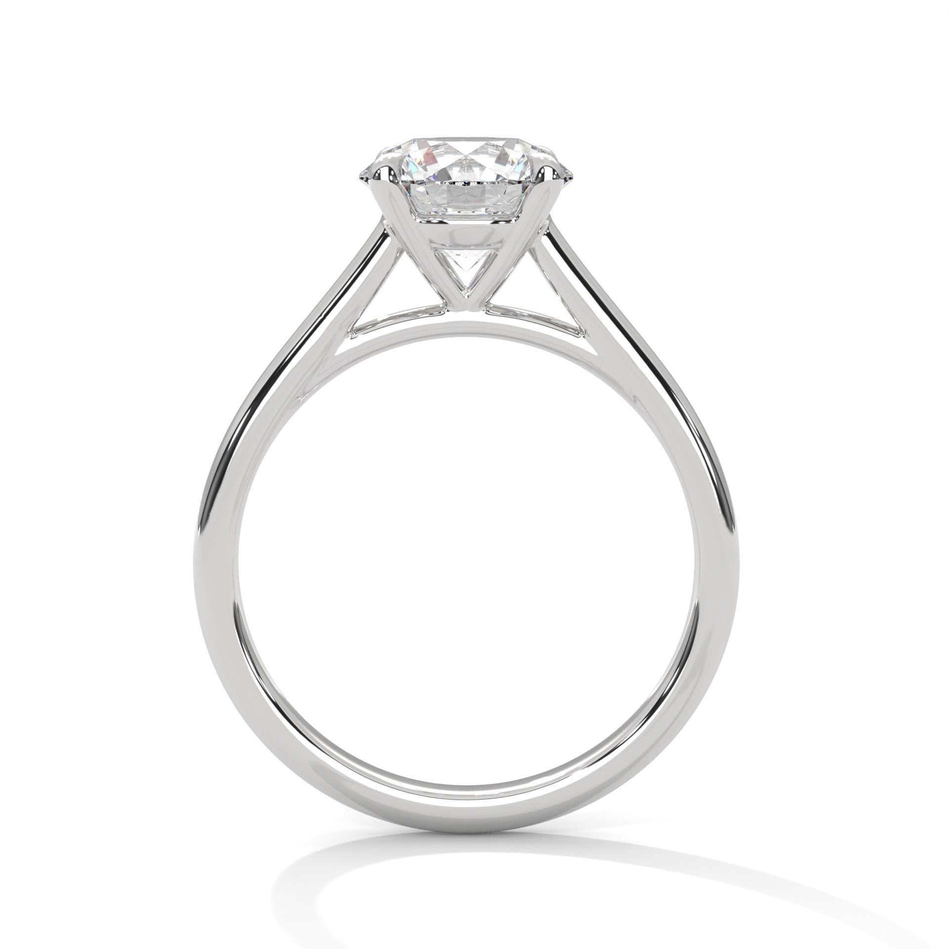 Classic 4-prong round lab grown diamond solitaire ring in white gold.