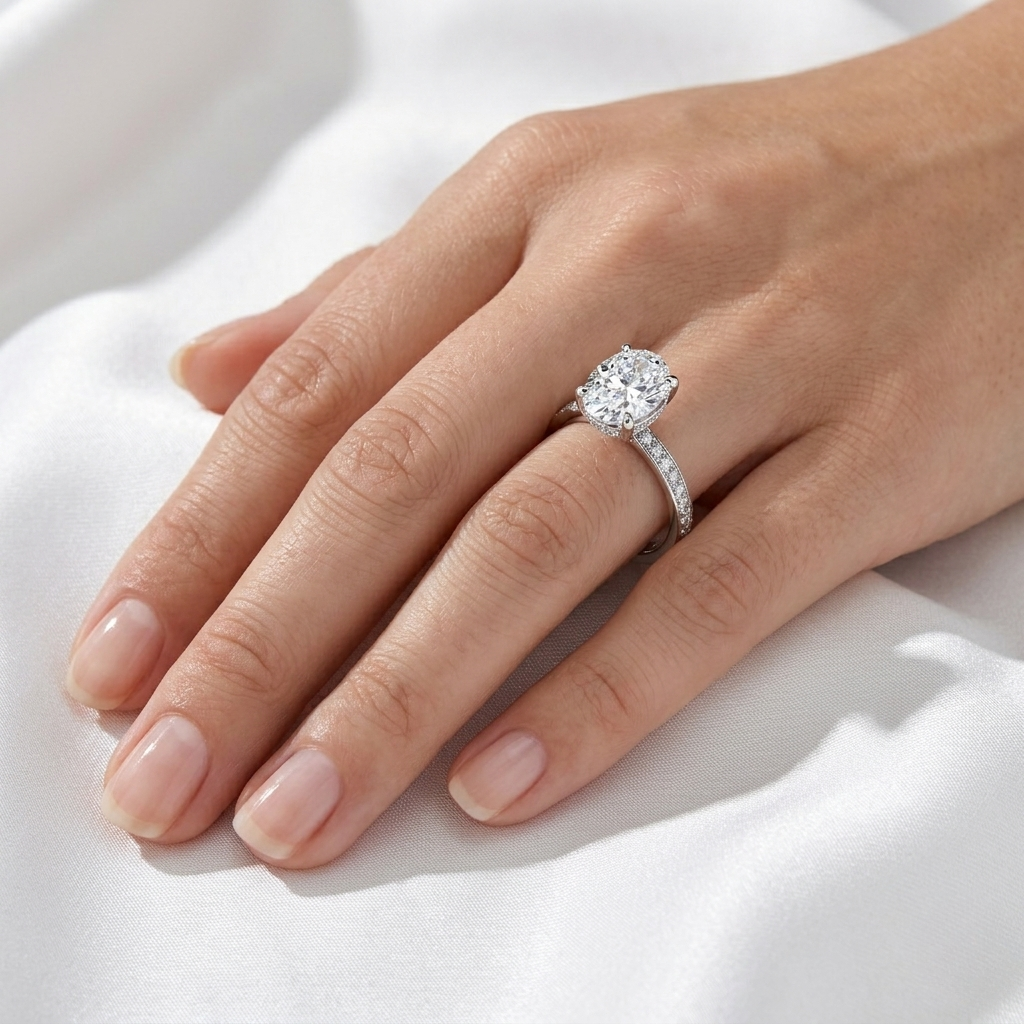 Oval hidden halo micropavé engagement ring in white gold worn on hand, close-up view