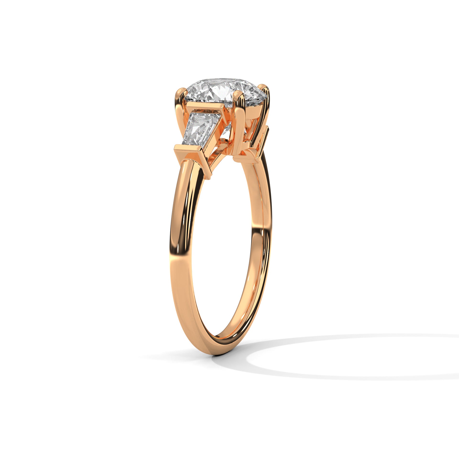 Three-quarter angled view of the rose gold three-stone ring detailing the high-polish finish and secure claw setting.