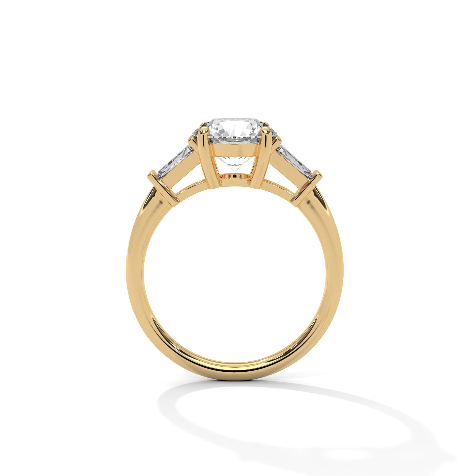 Complete side profile view of the yellow gold ring highlighting the high-polish finish and open architecture under the center stone.