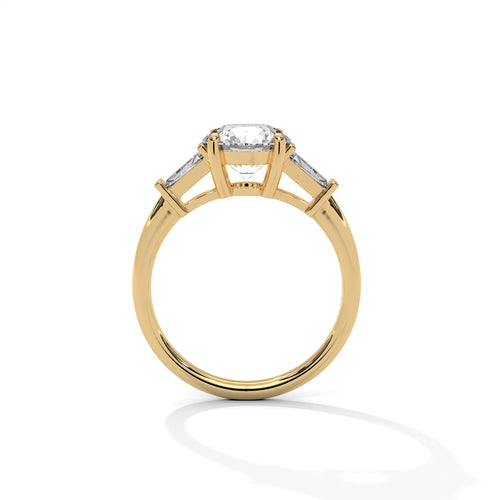 Complete side profile view of the yellow gold ring highlighting the high-polish finish and open architecture under the center stone.