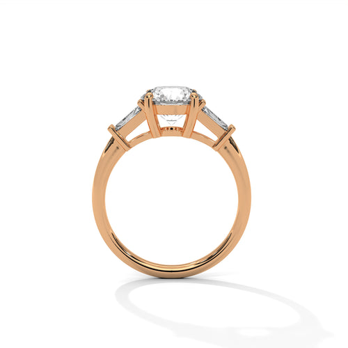 Complete side profile view of the rose gold ring showing the clean comfort-fit band profile and cathedral shoulders.