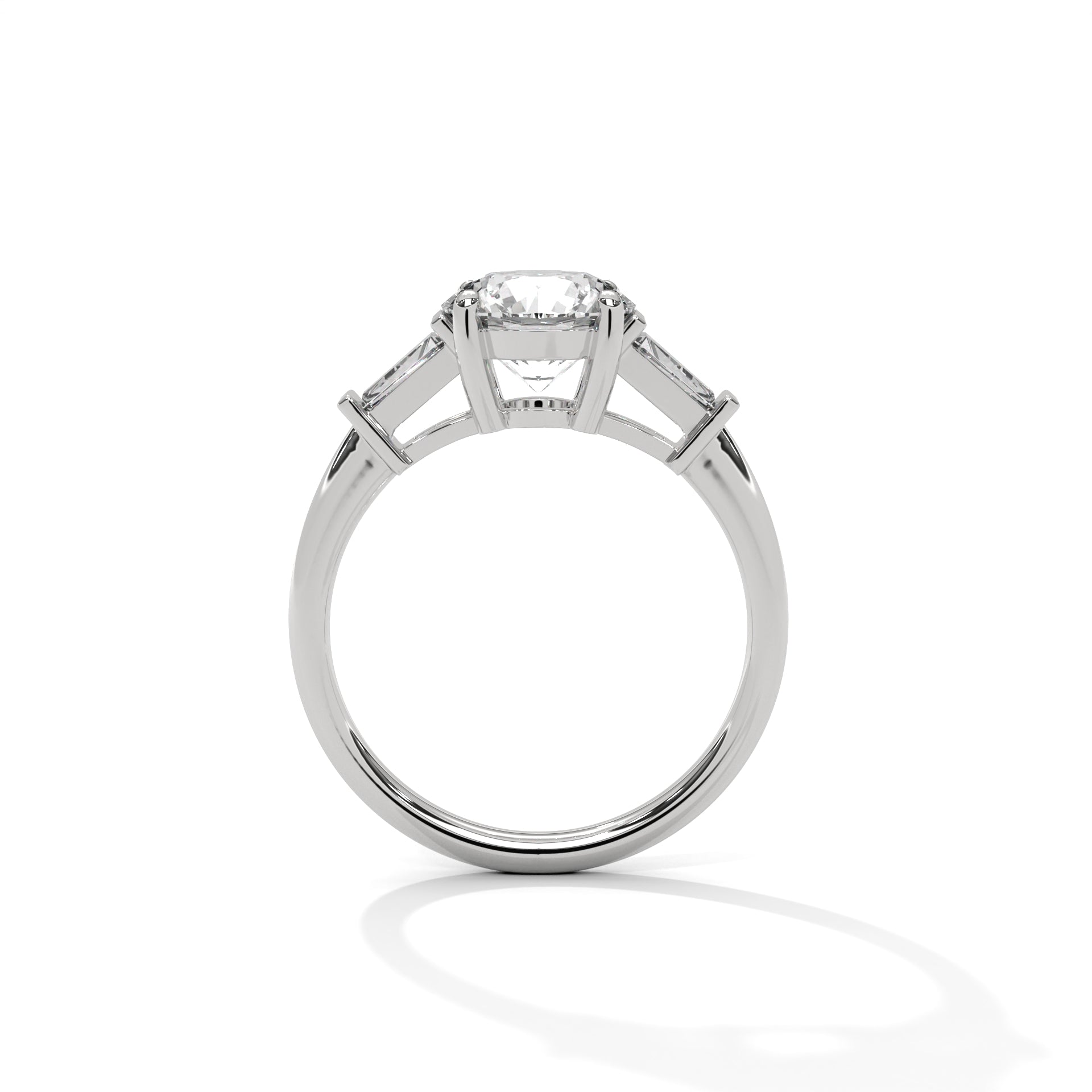 Complete side profile view of the white gold ring displaying the structural 4-prong basket and low-profile bridge.