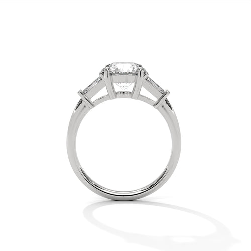 Complete side profile view of the white gold ring displaying the structural 4-prong basket and low-profile bridge.