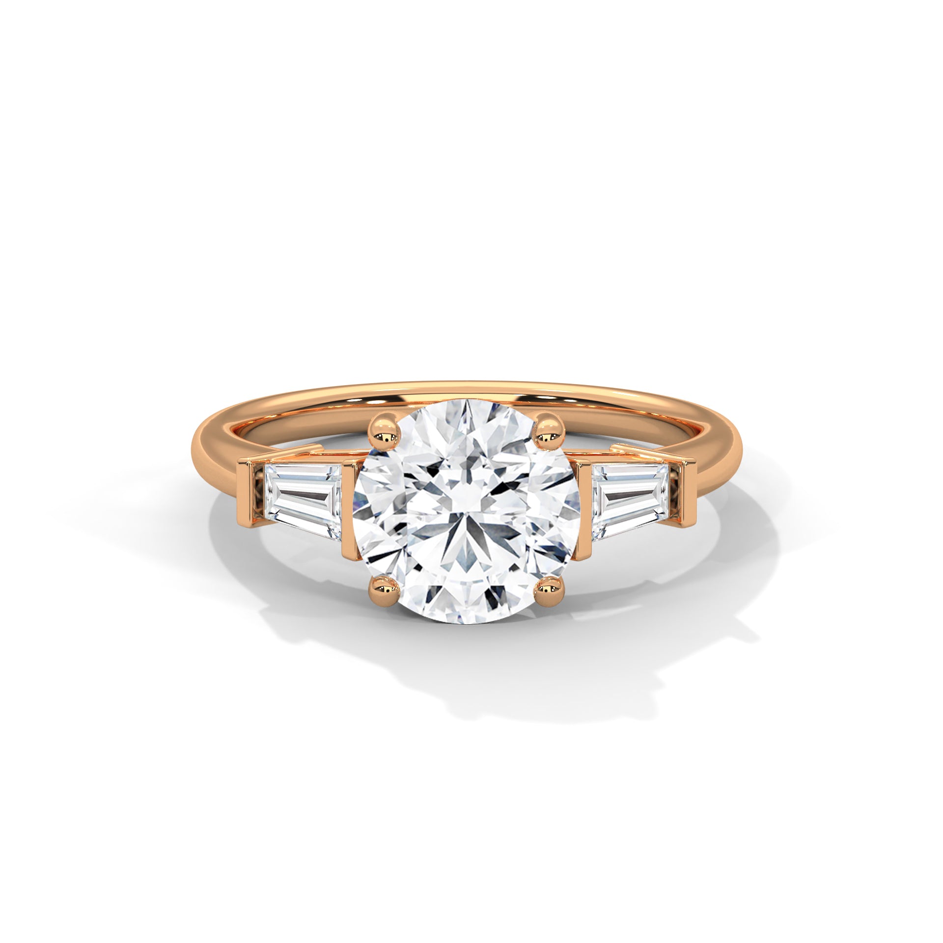 Front view of a warm solid rose gold three-stone engagement ring with a brilliant round center diamond and tailored baguette accents.