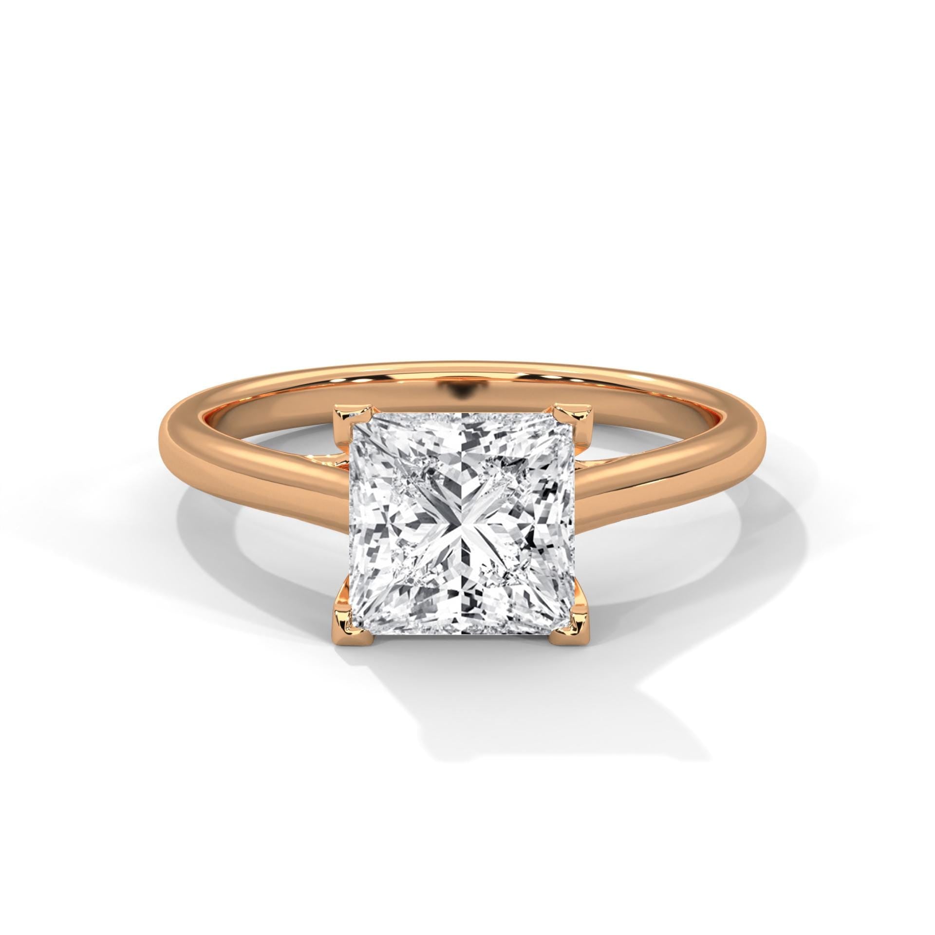 Princess cut lab grown diamond cathedral solitaire ring in rose gold