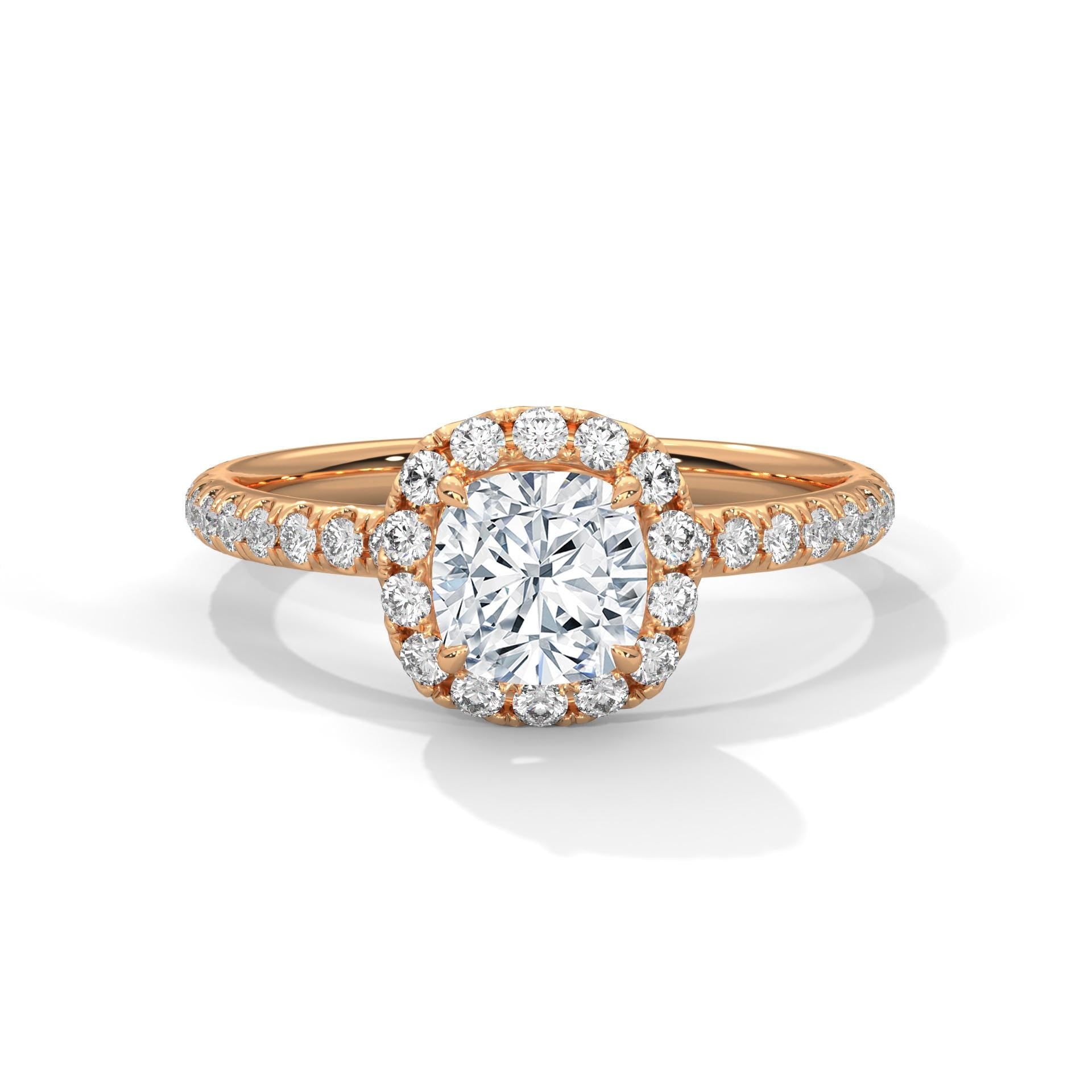 Cushion lab grown diamond pave halo engagement ring in rose gold