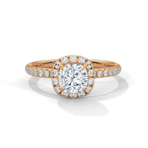 Cushion lab grown diamond pave halo engagement ring in rose gold