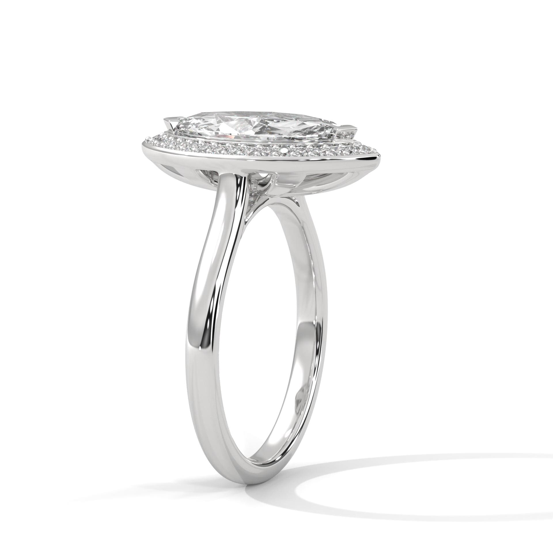 Elevated white gold mount for marquise lab diamond halo solitaire