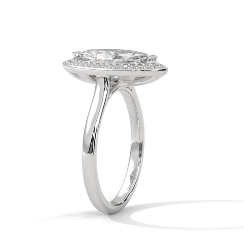 Elevated white gold mount for marquise lab diamond halo solitaire
