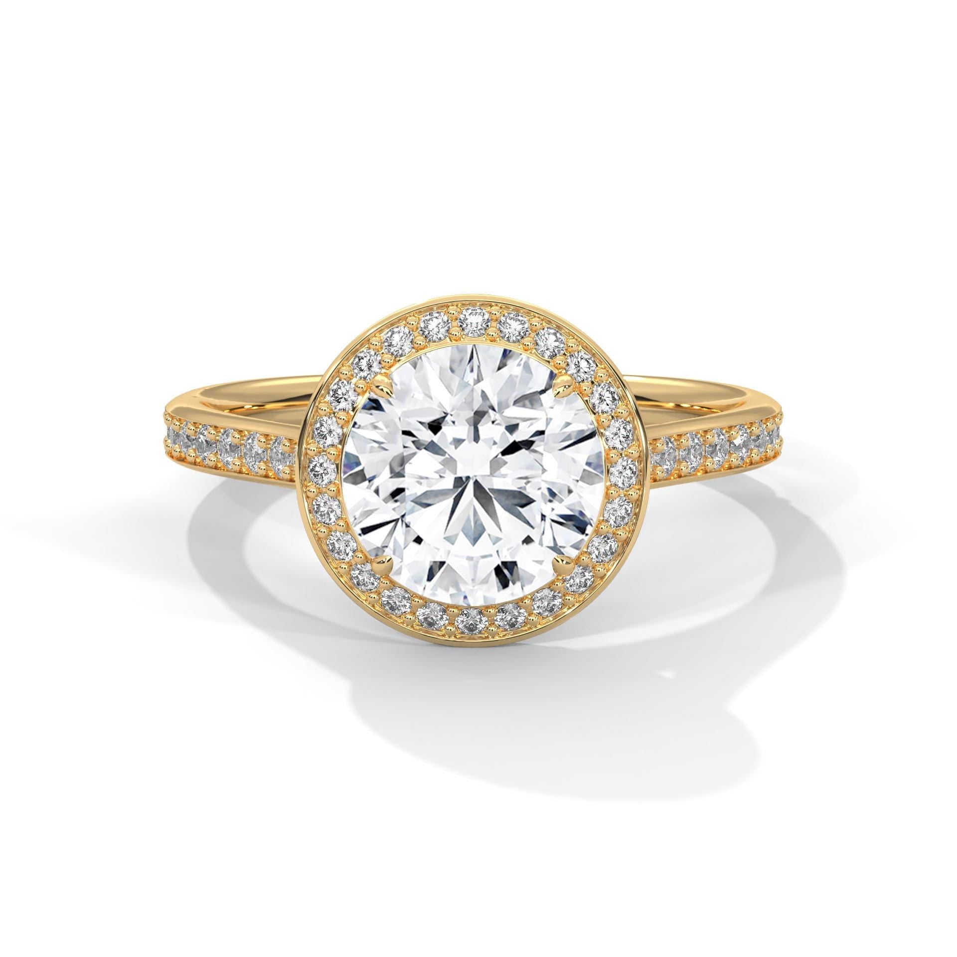 Yellow gold round halo engagement ring with micro-pave diamond shank