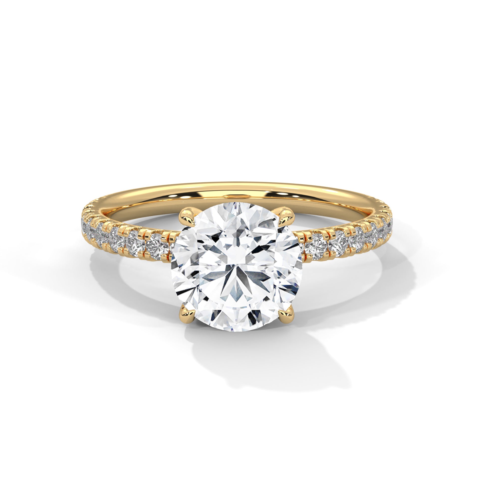 Close-up of round brilliant engagement ring with French pavé diamond band and hidden halo setting