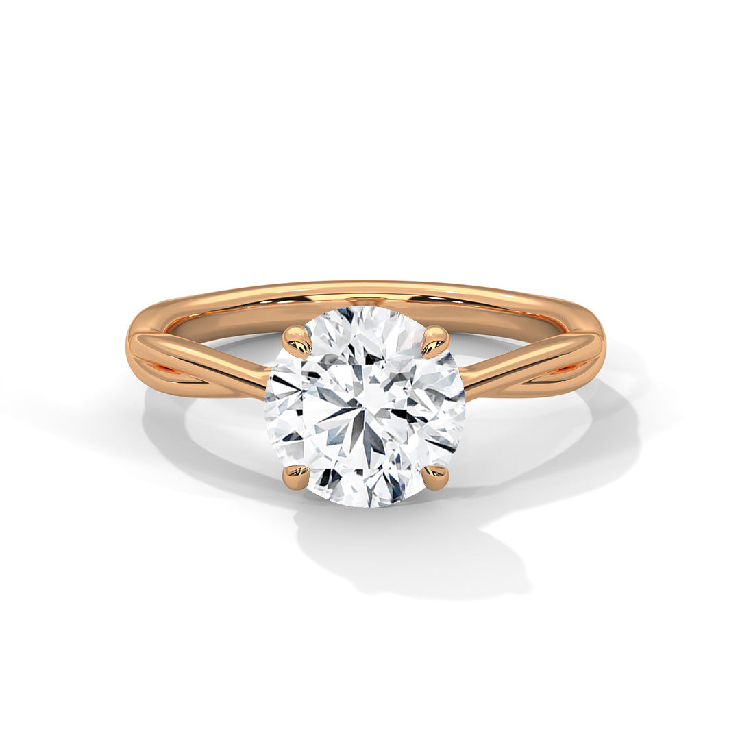 Round brilliant lab-grown diamond petal twist engagement ring in solid 18k rose gold.