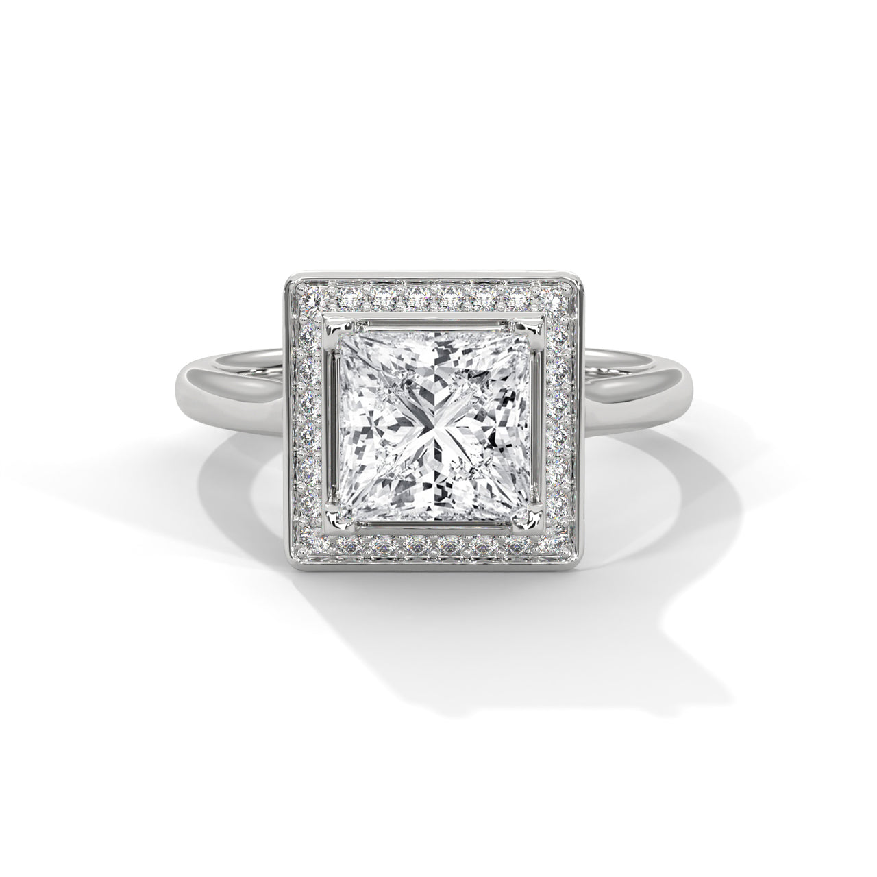 Princess cut elevated square halo engagement ring in white gold, side profile view showing Art Deco tiered platform setting