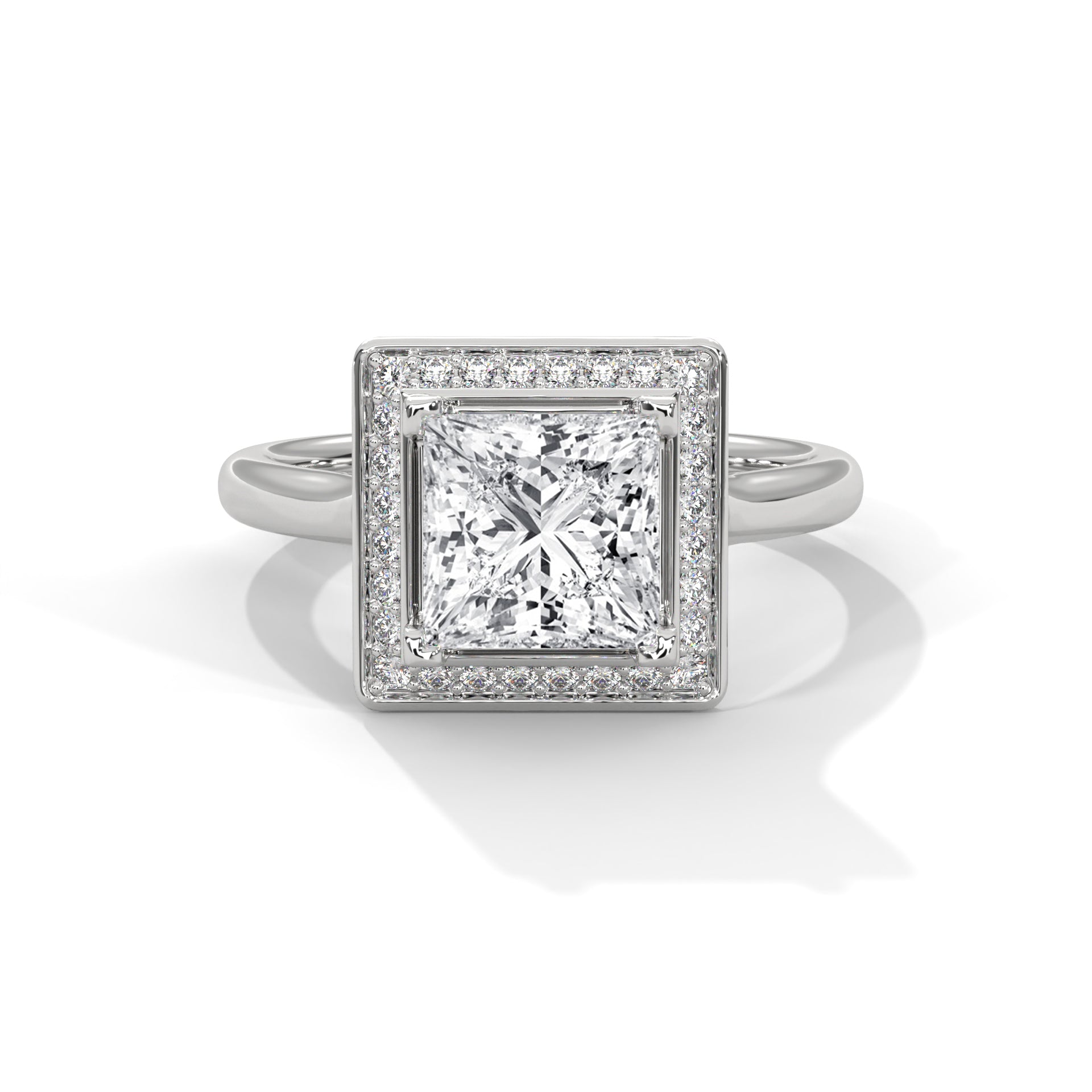 Princess cut elevated square halo engagement ring in white gold, side profile view showing Art Deco tiered platform setting