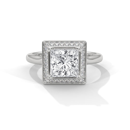 Princess cut elevated square halo engagement ring in white gold, side profile view showing Art Deco tiered platform setting
