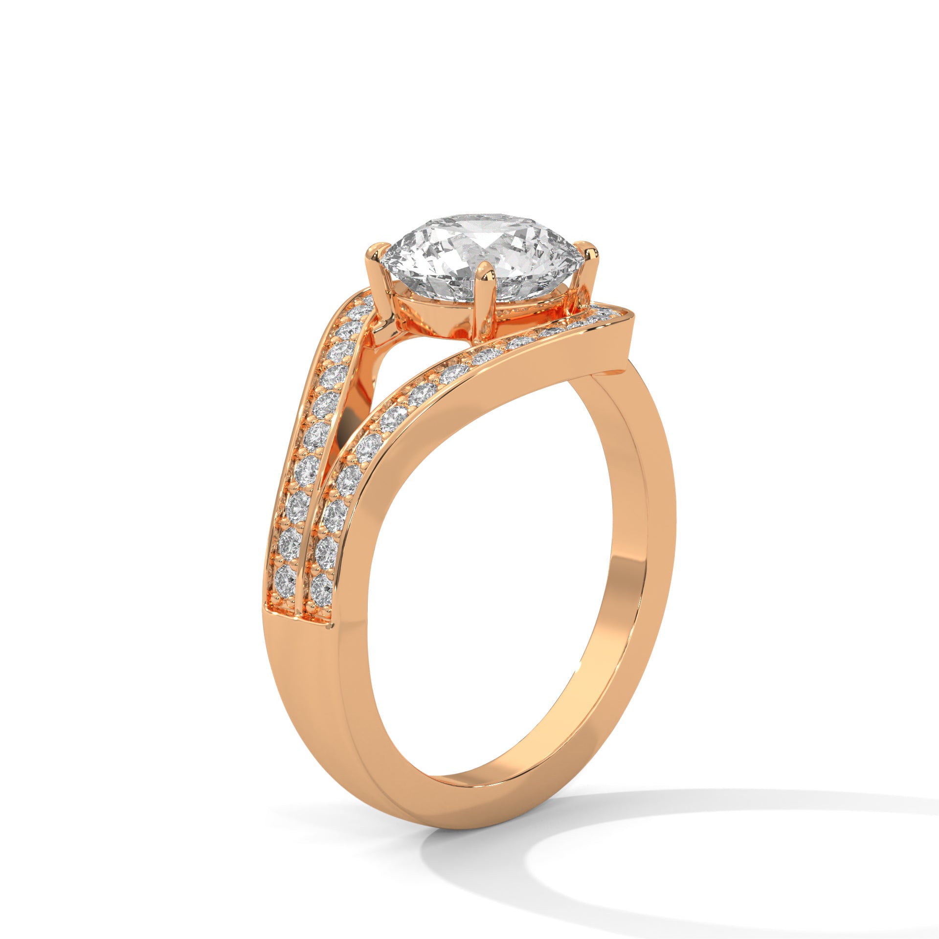 Round brilliant bypass split halo engagement ring in rose gold, side profile view showing dual-track pavé shank and low-profile basket setting