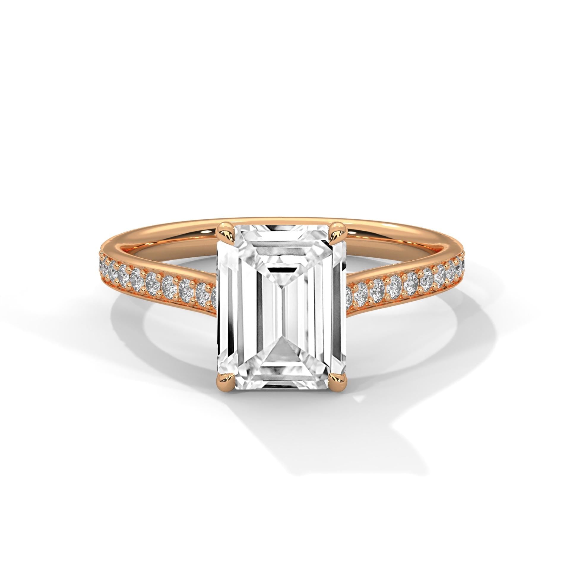 Emerald cut lab grown diamond pave cathedral engagement ring in rose gold