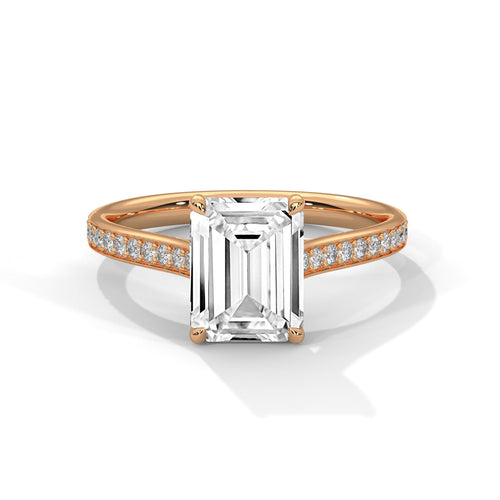 Emerald cut lab grown diamond pave cathedral engagement ring in rose gold